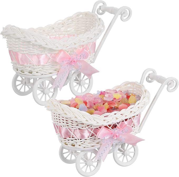 Cute Home Decor Multi-functional Candy Basket Rattan Cart Shape for Boys and Girls Baby Shower Favors