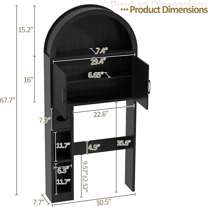 Over The Toilet Storage Cabinet, Bathroom Organizer Over Toilet, Arched Storage Organizer Cabinet with Anti-Tip Device and Adjustable Shelf for Washroom Laundry and Restroom, Black