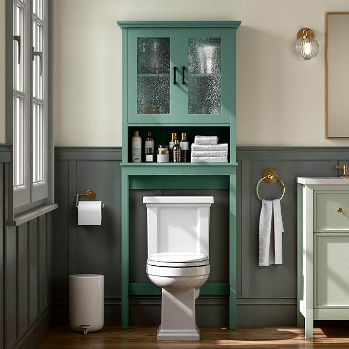 Over The Toilet Storage Cabinet, Over Toilet Bathroom Organizer with Glass Doors and Adjustable Shelf, Thicken Frame Above Toilet Storage Cabinet Behind Toilet Bathroom Organizer, Halcyon Green