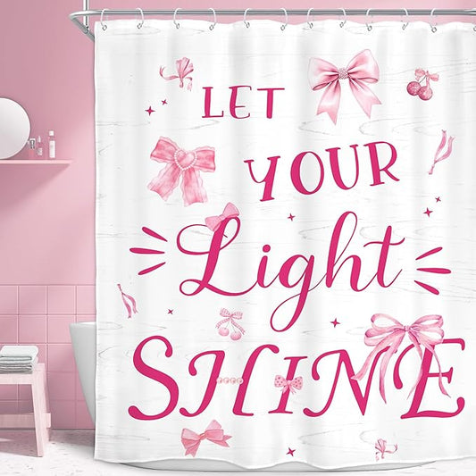 Homewelle Pink Shower Curtain Inspirational Ouotes Girls Bow Funny Cherry Classical English Letter Let You Light Shine 60Wx72H Inch Aesthetic Modern Waterproof Polyester Fabric Bathroom Bathtub