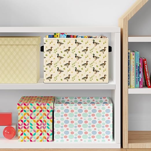 Mallard Duck Botanical Storage Bins Box with Handles, Rustic Wild Duck Laundry Basket Hamper Collapsible Clothes Toys Organizer for Kids Boys Room Nursery Playroom Bathroom