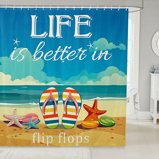 Hawaii Beach Bath Curtain 72" Wx78 L,Kawaii Shower Curtain Summer Holiday Starfish On Ocean Beach Sand Shower Curtain Set for Kids Girls,Tropical Bathroom Accessories Life is Better in Flip-Flops