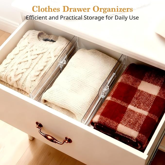 8 Pack 4" High Drawer Dividers for Clothes, 10.6"-16.9" Expandable Drawer Divider Adjustable Drawer Separator, Clear Dresser Drawer Organizer for Clothes, Underwear, Cosmetic, Kitchen Utensils Storage