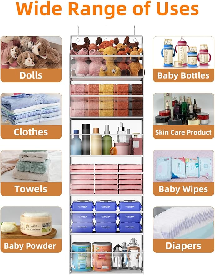 Over the Door Organizes- 6 Tier Stuffed Animal Storage, Bathroom Organizers and Storage, Swing-proof Hanging Organizer for Toys/Nursery Newborn Baby Essential Stuff (Clear)