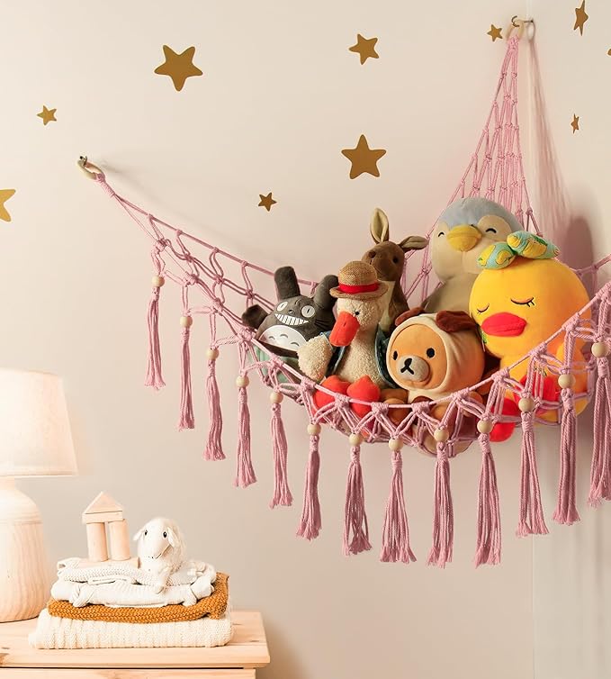 Stuffed Animal Storage Hammock Corner with LED Light - Toy Hanging Organizer Plushie Net - Pink Room Decor for Teen Girls - Cute Bedroom Aesthetic Nursery Kids Baby Toddler