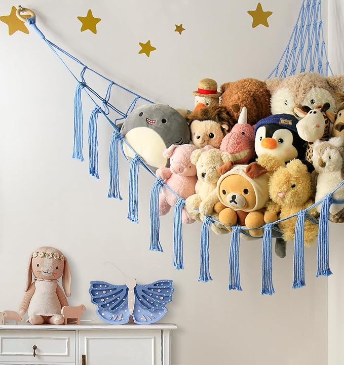 Stuffed Animal Storage Hammock Net - Toy Hammock Net for Stuffed Animals Corner - Hanging Stuff Animal Organizer Holder Large Size Baby Nursery Room Decor-Blue
