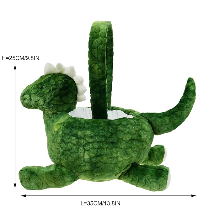DearSun Exquisite Embroidery ! Personalized Easter Egg Hunting Basket 3D Plush Dinosaur Basket Candy Gift Bucket with Embroidery Name (Green Plush Dinosaur Basket)