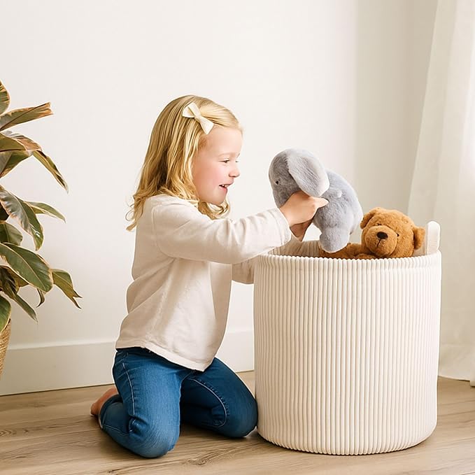 PUTSKA Blanket Basket – Round Storage for Toys and Blankets, Clothes, Stuffed Animals – Soft Baby Basket for Nursery, Kids Room, Bedroom, Living Room – Large, Cream