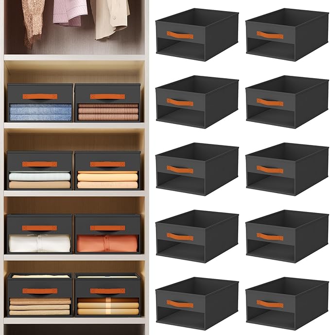Closet Organizers and Storage - 10 Pack Storage Bins Baskets for Organization Foldable Closet Organizer with Clear Window & Handles for Clothes, Toys, Towels, Small Essentials (Black)