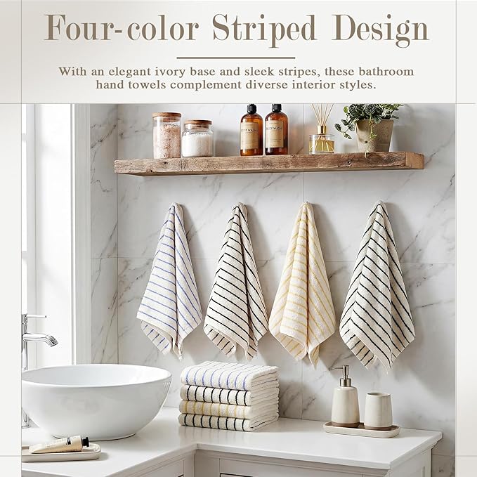 4 Pack Striped Hand Towels Set for Bathroom, Cotton Face Towels Black Blue and Yellow 3 Colors, 14" x 29", Soft and Absorbent, Vintage Kitchen Decor, Guest Use