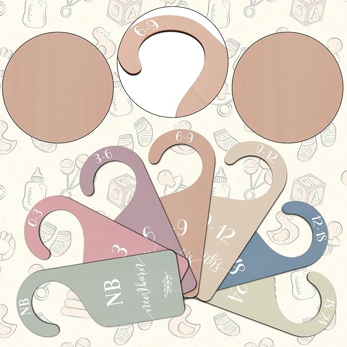 Whaline 7Pcs Boho Wooden Baby Closet Size Dividers with Pink Velvet Bag Newborn to 24 Month Thicken Infant Wardrobe Hanger Organizers for Home Nursery Party Gift Supplies