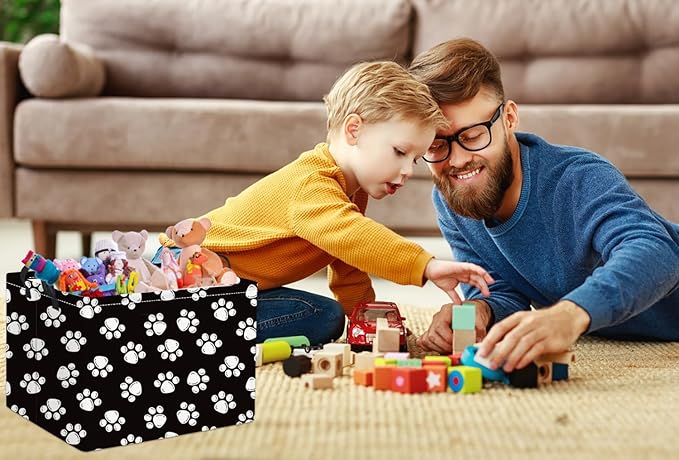 HIYAGON Rectangular Dog Basket Kids Baby Nursery Storage Basket for Boys Football Room Decor Cute Toy Storage Organizer Bins Bedroom(Dog Paws)