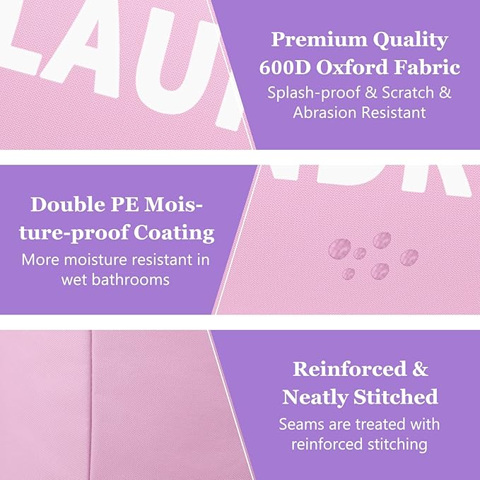 95L Large Laundry Basket with Handles, Foldable Clothes Hampers Stand Up Well, Waterproof Dirty Clothes Hamper, Rugged Laundry Basket for Flat, Dorm, Hotel, Pink