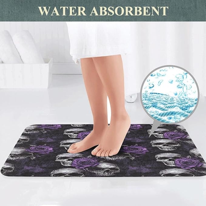 Gothic Skull Bathroom Set, 4-Piece with Shower Curtain 71x71, Bath Mat, Contour Rug, Toilet Lid Cover, Purple Roses Skull Pattern(Purple 2)