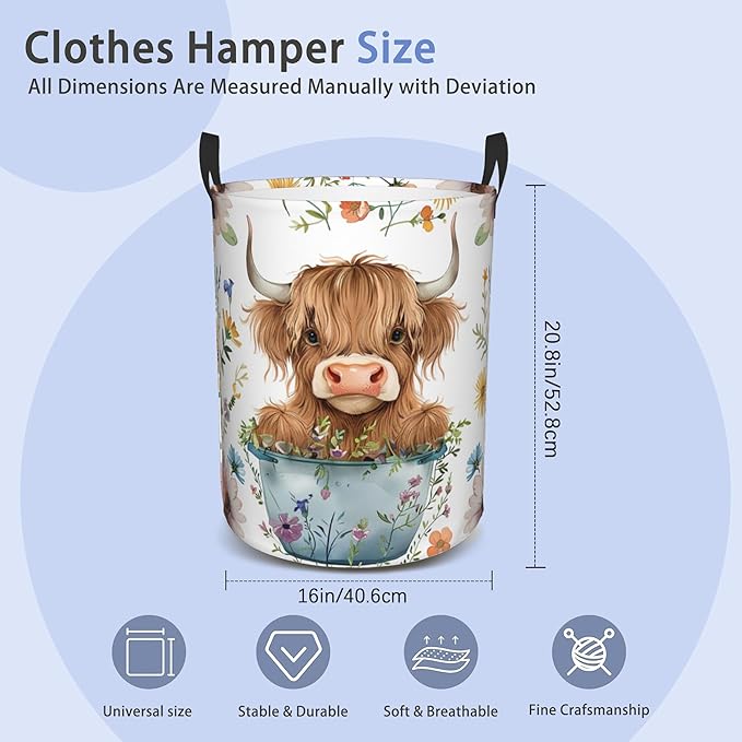 Laundry Basket, Dirty Clothes Basket, Foldable Waterproof Oxford Cloth Storage Basket for Bedroom, Bathroom, Clothes,Large Storage Basket Home Decoration(Cute Highland Cow Animal)