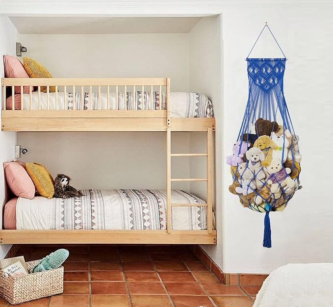 Stuffed Animal Hammock Wall Hanging Net for Stuffed Animal Net Stuffed Animal Storage Plush Toy Holder Toy Organizer for Boho Kidroom Nursery (Blue)