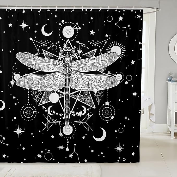 Gothic Moth Shower Curtain,Galaxy Sun and Moon Constellation Boho Style Skull Skeleton Bath Curtain for Kids Bathtubs Decor,Halloween Black White Waterproof Shower Curtain 72" Wx78 L
