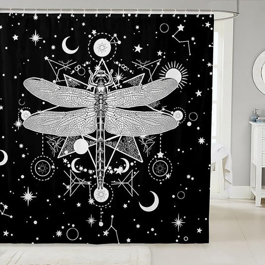 Gothic Moth Shower Curtain,Galaxy Sun and Moon Constellation Boho Style Skull Skeleton Bath Curtain for Kids Bathtubs Decor,Halloween Black White Waterproof Shower Curtain 72" Wx78 L