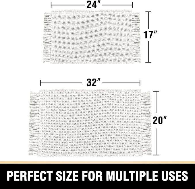 H.VERSAILTEX Waffle Bath Mat Super Absorbent Boho Bath Mat Non Slip Bath Rugs for Bathroom Floor Machine Washable Dry Fast Bathroom Rugs with Tassels (20 x 32 Plus 17 x 24 Inches, Ivory White)