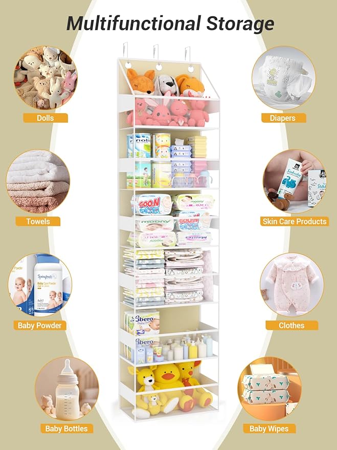 Over Door Hanging Organizer with 6 Shelves, Stuffed Animal Storage - Behind Door Storage for Plush/Bedroom, Nursery, Dorm Room, 1 Pack, Beige