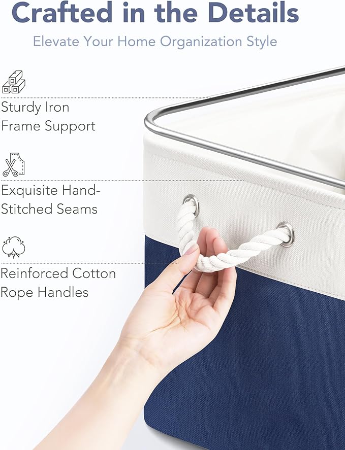 13x15x13 Storage Cube Bins, Heavy Duty Foldable Fabric Storage Bins with Handles and Metal Frame, 6 Pack Large Closet Organizer Bins for Clothes, Socks, Towels, White Blue