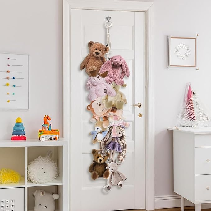 Munzong 2 Pack Beige Hanging Stuffed Animal Storage Chain, 80 Inch Cotton Stuffed Animal Display Holder with 40 Metal Clips for Room Corner Wall Decor Play Room