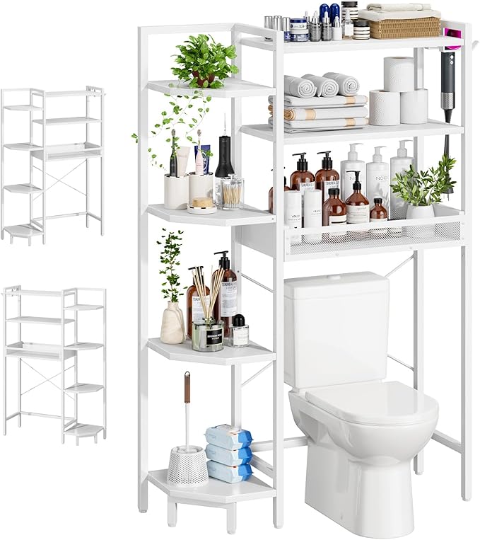 K1 Heavy Duty 7-Tier Over The Toilet Storage（With Basket and Paper Hook）Freestanding Above Toilet Shelf with Adjustable Feet，Space Saver Bathroom Shelves 9.3"D x 33.5"W x 63.8"H，Beige White