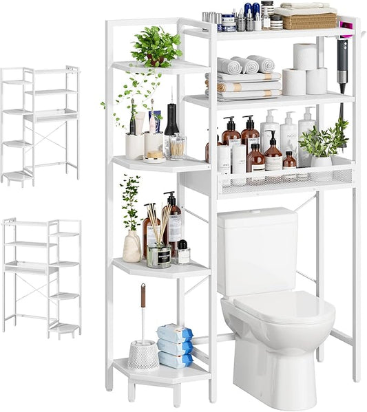 K1 Heavy Duty 7-Tier Over The Toilet Storage（With Basket and Paper Hook）Freestanding Above Toilet Shelf with Adjustable Feet，Space Saver Bathroom Shelves 9.3"D x 33.5"W x 63.8"H，Beige White