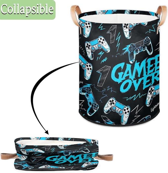 Game Console Laundry Baskets,Round Hamper Basket,Collapsible Large Storage Basket Bins for Dirty Clothes Kids Toys Baby Blanket Organizer Nursery Bedroom Bathroom Storage Decor