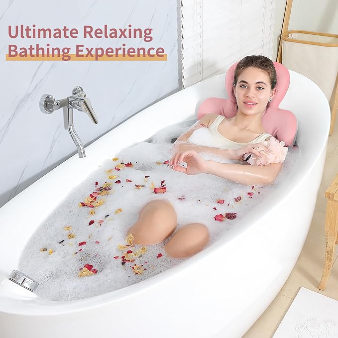 Bath Cushion, Full Body Bathtub Pillow with 160 Suction Cups, Bath Mat for Head and Neck Support, with Laundry Bag (Light Pink, 56" x 16")