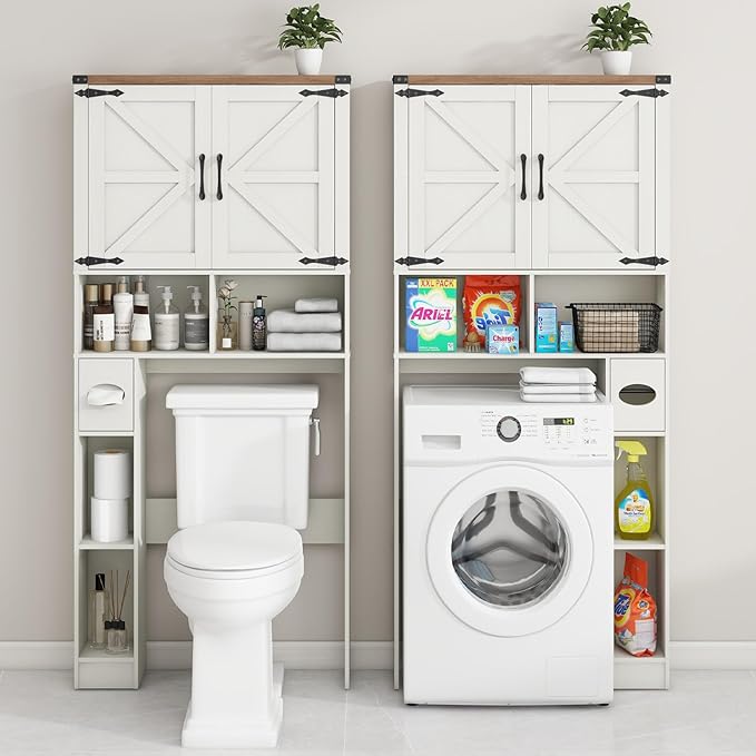 Vabches Over The Toilet Storage Cabinet, Farmhouse Storage Cabinet Over Toilet with 2 Barn Doors && Toilet Paper Holder Stand，Home Space-Saving Toilet Rack, for Laundry, Restroom, Bathroom