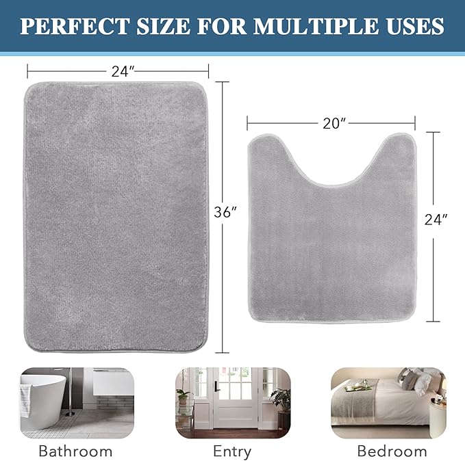 H.VERSAILTEX Bath Mat Memory Foam Bathroom Rug Flannel Velvety Luxury Extra Soft and Absorbent Non Slip Rugs for Bathroom/Bedroom Washable (Curved Set 24"x 36" Plus 20"x 24" Grey)