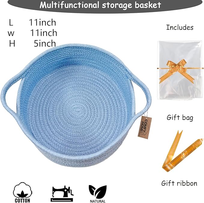 COMFY HOMI Small Woven Gift Baskets with Handles, Gift Bags and Ribbons - Cotton Rope Storage Basket for Organizing, Dog Toy Basket Box, Gift Baskets Empty, Mother’s Day-φ11X5 Inch（all bule）