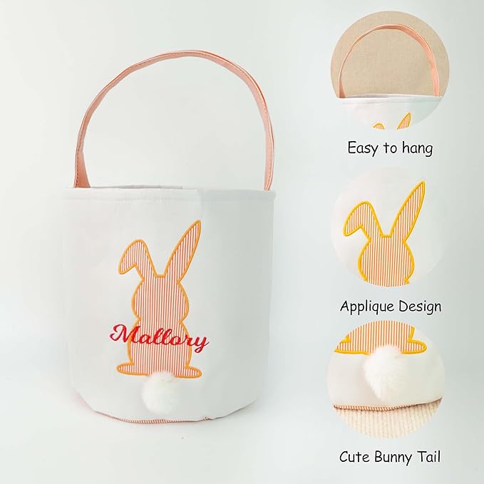 MT WORLD Easter Bunny Basket Personalized Easter Egg Bucket for Kids with Name Canvas Rabbit Toy Baskets for Toddler Boys Girls Easter Egg Hunts Decorations Candy Gifts Storage Basket (Orange Stripe)