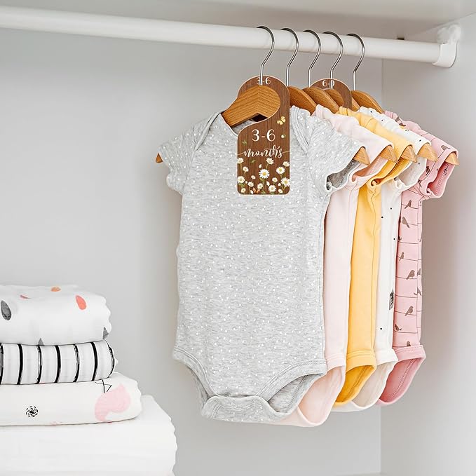 Whaline 8Pcs Daisy Baby Closet Size Dividers Hanging Wooden Baby Closet Organizers Newborn to Toddler Rustic Floral Butterfly Infant Wardrobe Organizers for Home Nursery Bedroom