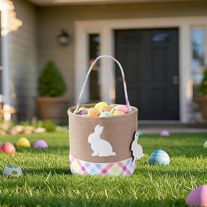 Easter Basket – Bunny Basket with DIY Blank Wooden Bunny Tag for Kids, Boys, Girls, Easter Egg Hunt, Candy Gift Storage (Pink)