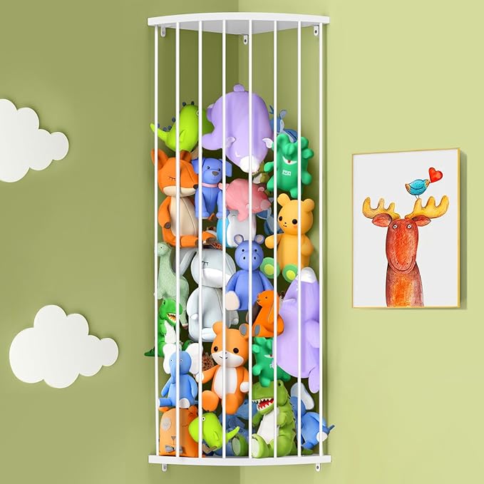 Sleek White Corner Stuffed Animal Storage Shelf | Adjustable Height (44"-71") | Durable Hanging Stuffed Animal Toy Plush Organizer for Modern Nursery, Kids' Bedroom & Playroom