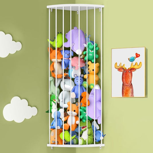 Sleek White Corner Stuffed Animal Storage Shelf | Adjustable Height (44"-71") | Durable Hanging Stuffed Animal Toy Plush Organizer for Modern Nursery, Kids' Bedroom & Playroom