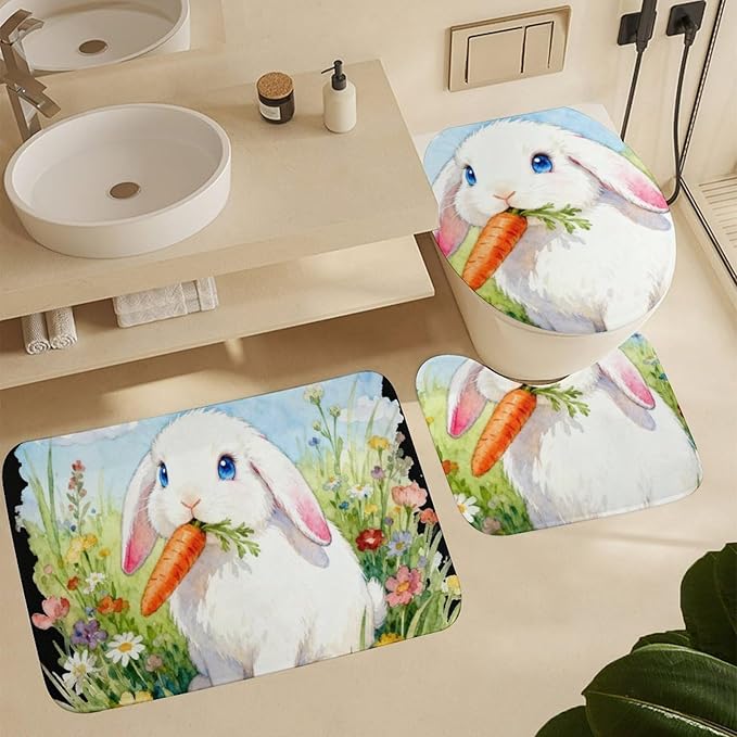 4 Piece Bathroom Rug Set with Shower Curtain, Non-Slip Bath Mat Toilet Cover Set, Lop-Eared Rabbit Bathroom Rug Sets