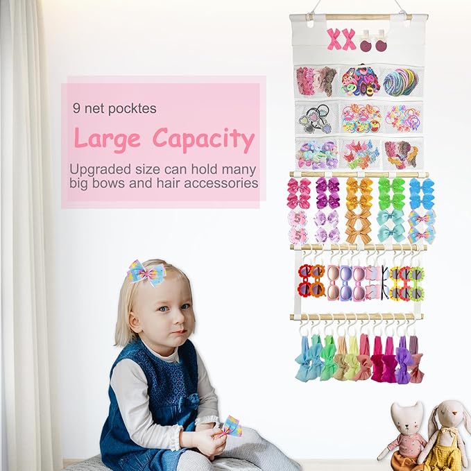 Headband Holder Organizer, Hair Accessories Storage with 9 Net Pockets, Wall Hanging Hair Clips Hair Band Organizer for Girls Room