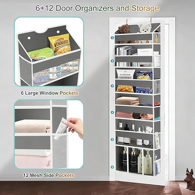 Over The Door Organizer Closet,6 Bins 12 Side Pockets,Hanging Organizer,Anti Tilt 50 lbs Load Organizers and Storage with Clear Window for Bedroom,Nursery,Rv,Bathroom,Camper(Grey)