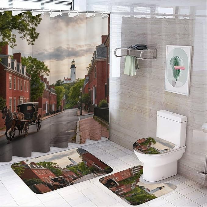 4 Piece Bathroom Rug Set with Shower Curtain, Non-Slip Bath Mat Toilet Cover Set, Lighthouse Hill Bathroom Rug Sets