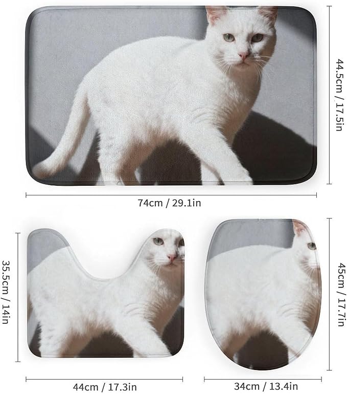 4 Piece Bathroom Rug Set with Shower Curtain, Non-Slip Bath Mat Toilet Cover Set, Close White Cat Bathroom Rug Sets