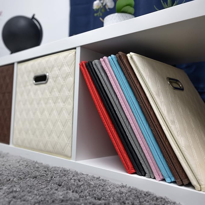 FH Group JIAessentials 13" Faux Leather Foldable Storage Cube Bins Set of 2 – Brown Diamond Patterned Organizers with Handles for Closet & Shelves