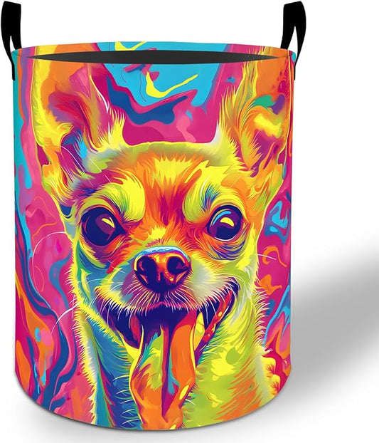 Chihuahua Laundry Basket Hamper 19.7"x15.8", Colorful Dog Foldable Waterproof Oxford Clothes Storage Bucket for Room Bathroom Bedroom Nursery Decor, Toy Organizer Bins Gifts for Kids Boys Girls