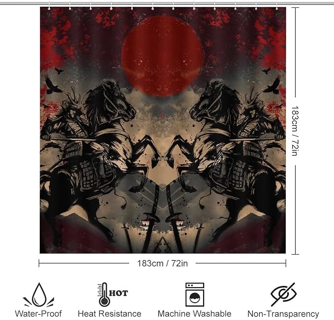 Abstract Japanese Samurai Shower Curtain Sets with Rugs 4 Piece Accessories Bathroom Curtains Shower Set Include Shower Curtain Non-Slip Rug Toilet Lid Cover Bath Mat One Size