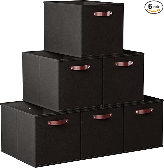 Ornavo Home 13 x 15 x 13 Kallax Storage Cube Bins, Foldable Collapsible Fabric Storage Bins Box Linen Shelf Basket Cube Organizer for Closet with Leather Handles, 6 Pack, Black