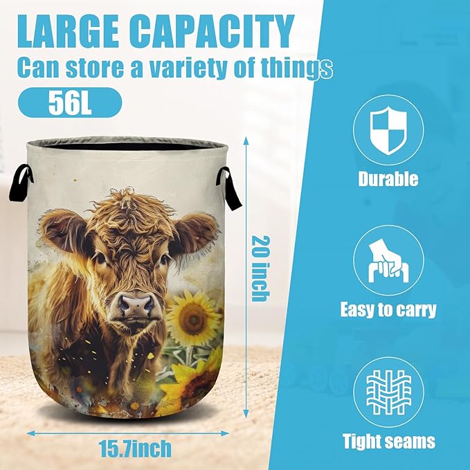 Highland Cow Sunflowers Laundry Basket, Laundry Hamper Collapsible Oxford Cloth with Handle Clothes Toy Storage Bin for Bathroom Laundry Room Bedroom 15.7 X 20 Inch