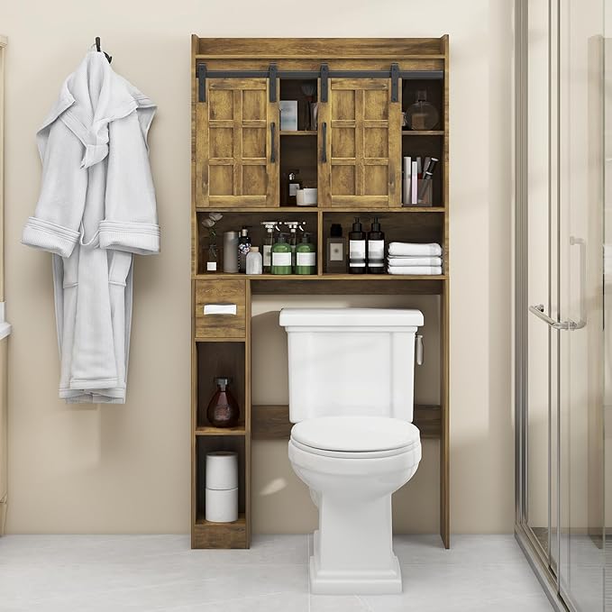 Over The Toilet Storage Cabinet, Farmhouse Storage Cabinet Over Toilet with Sliding Doors，Home Space-Saving Toilet Rack, for Bathroom, Restroom, Laundry(Brown