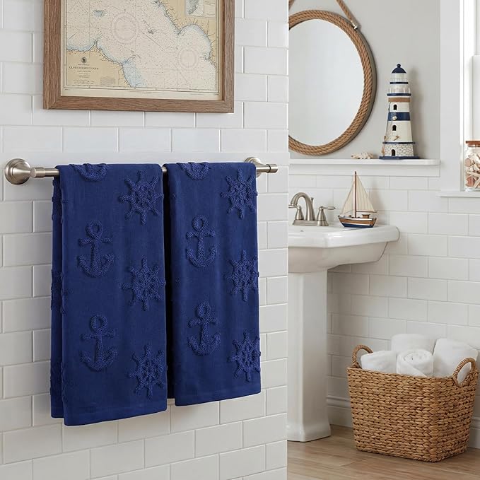 2 Pcs Coastal Hand Towels for Bathroom 100% Cotton Nautical Anchor Wheel Navy Blue Jacquard Weave Towels Absorbent Soft Dish Washcloth for Bathroom Kitchen Summer Theme Gifts, 29.5 x 13.8 Inch